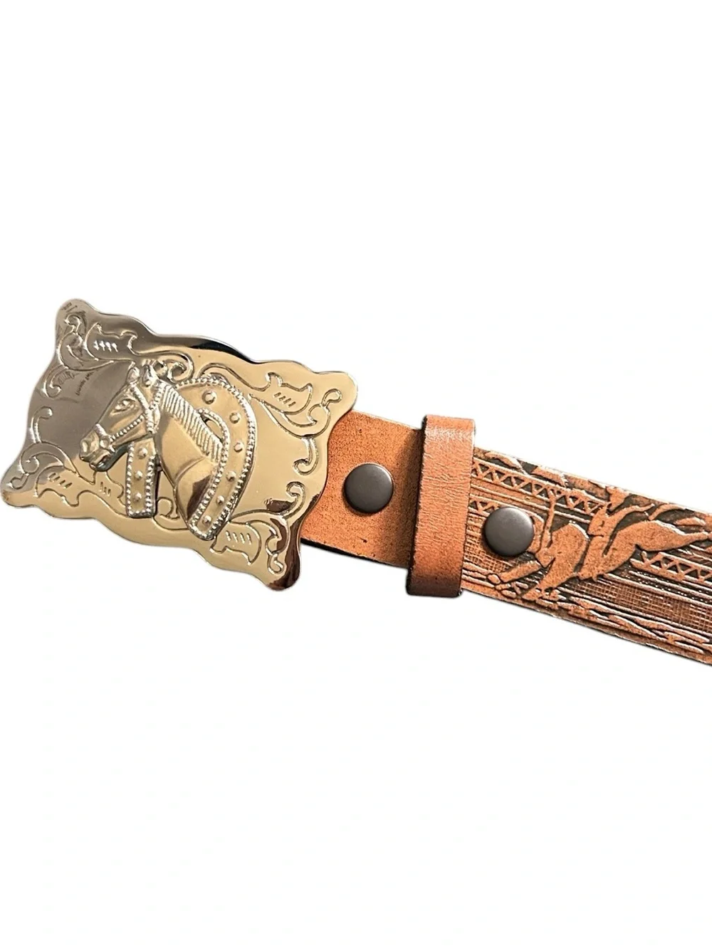Kids Double S Belt Brown Leather Tooled Western Belt Silver Horse Buckle 18”